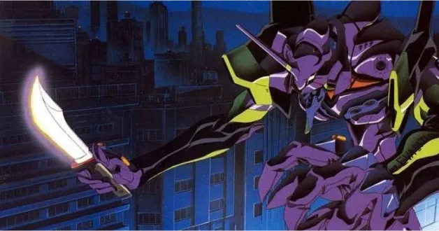 A giant robot is holding a glowing knife